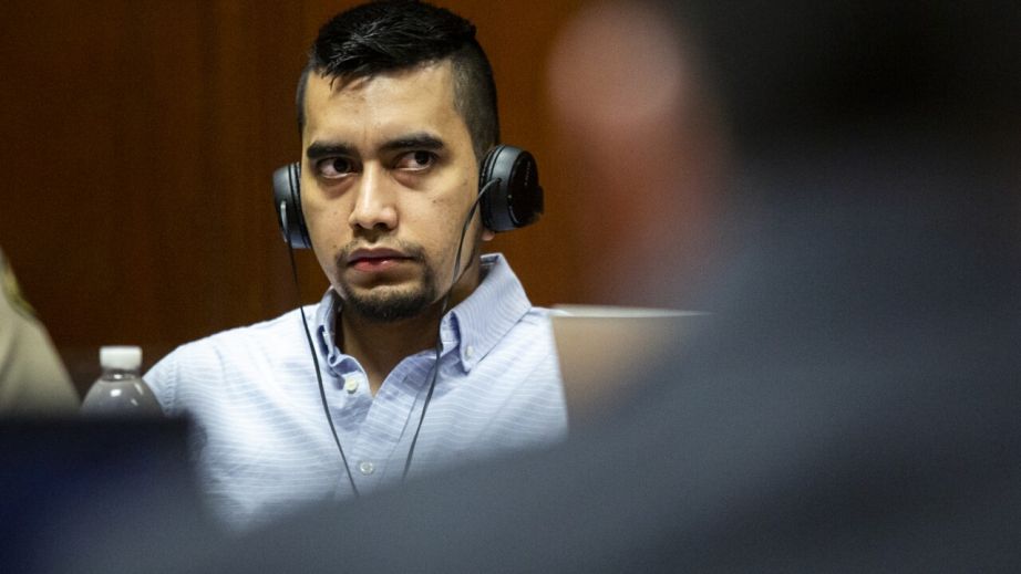 Cristhian Bahena Rivera listens to court proceedings during his trial, Tuesday, May 25, 2021, in the Scott County Courthouse in Davenport, Iowa. Bahena Rivera is on trial for the 2018 stabbing death of Mollie Tibbetts, a University of Iowa student. (Kelsey Kremer/The Des Moines Register via AP, Pool)