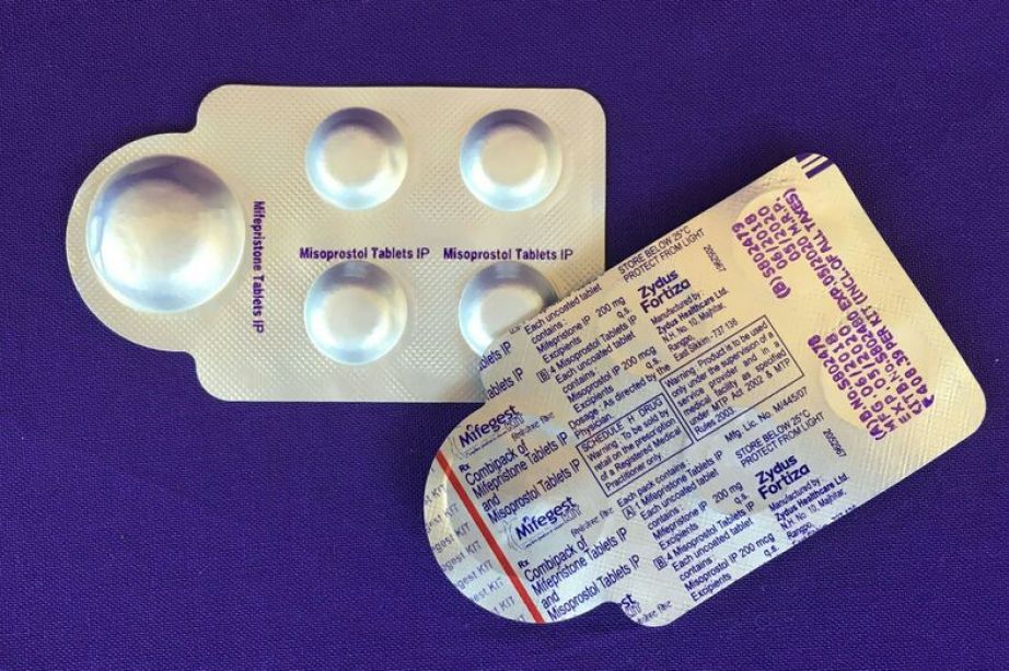 Plan C shows a combination pack of mifepristone and misoprostol tablets, two medicines used together, also called the abortion pill. (ELISA WELLS/PLAN C/AFP via Getty Images)