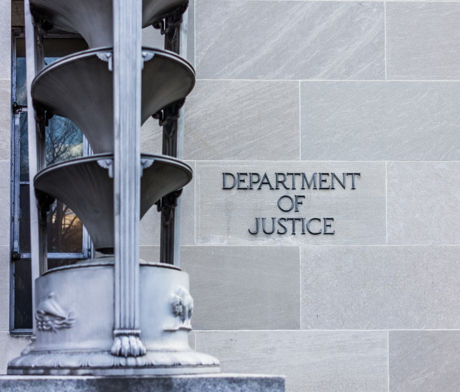 Washington DC, USA - January 28, 2017: Department of Justice building with sign