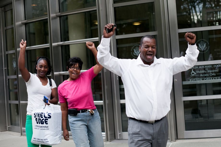 Family members of Francois Holloway after his hearing on June 2014. Mr. Holloway was convicted on carjacking charges in 1996 and given a term longer then those of many murder convictions. (Anthony Lanzilote for The New York Times)