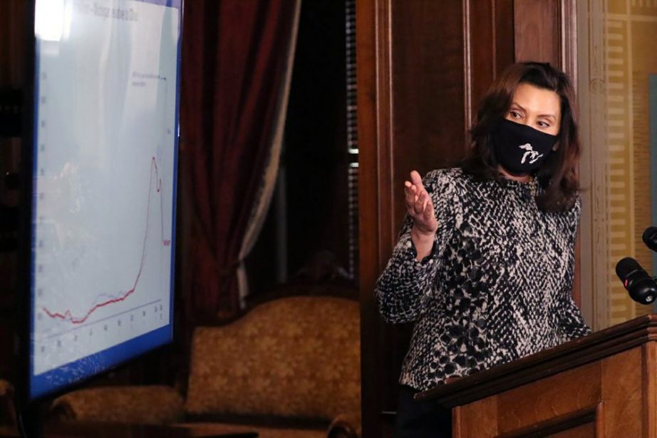 Michigan Gov. Gretchen Whitmer addresses the state during a speech in Lansing, Mich., Friday, Dec. 18, 2020.