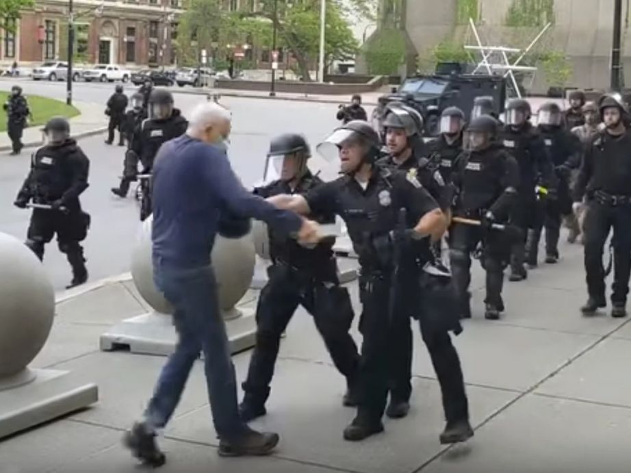A video shows officers shoving an older man during a Black Lives Matter demonstration in June 2020 in Buffalo, N.Y. Mike Desmond/WBFO via AP