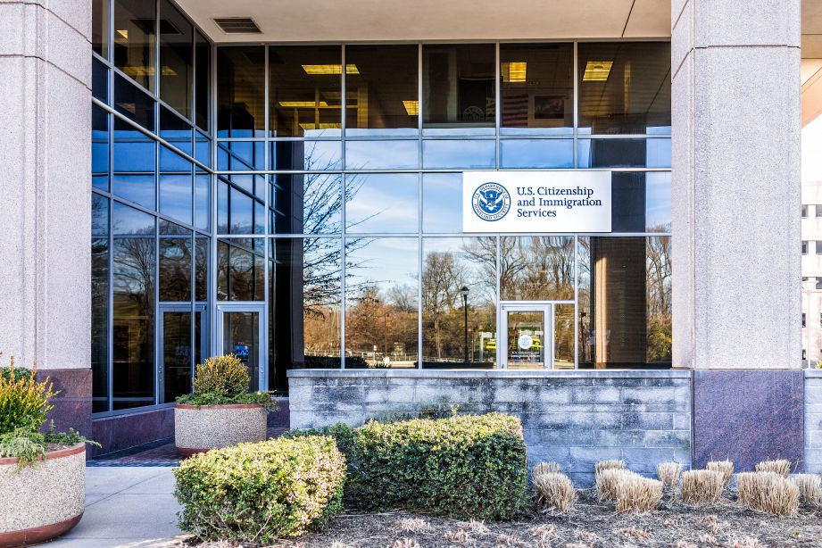 USCIS US United States Citizenship and Immigration Services field main office entrance in Virginia