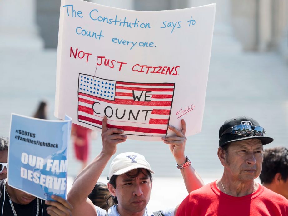 Protesters hold signs at a rally about the 2020 census in front of the U.S. Supreme Court in 2019.